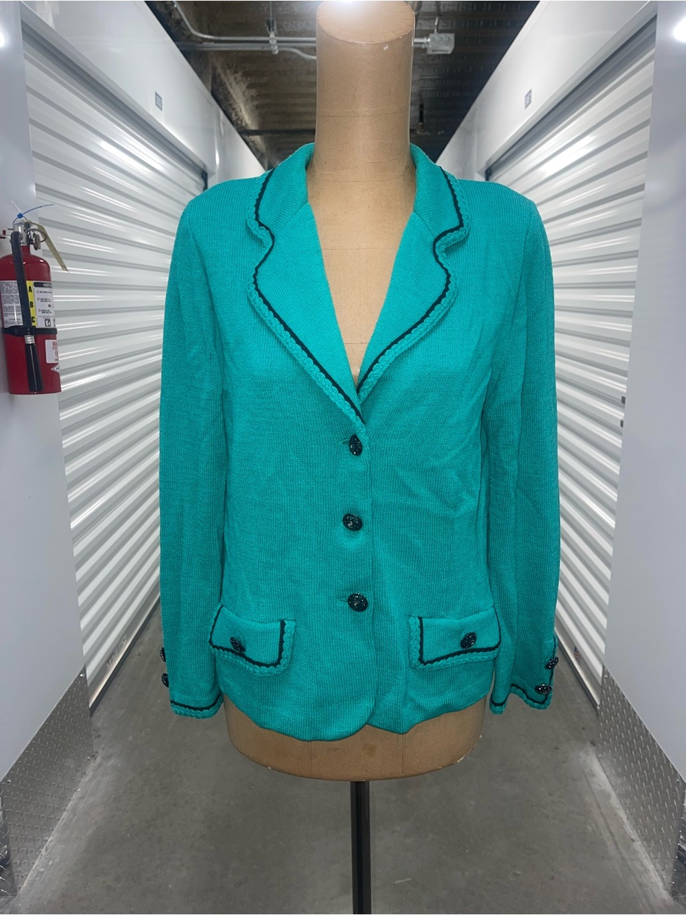 St John collection knit turquoise -green black blazer size 10
